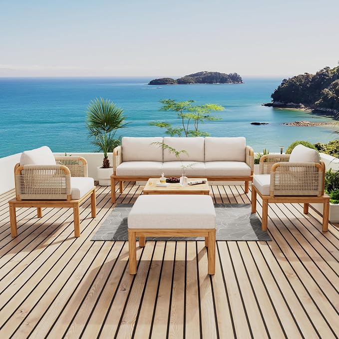 VilroCaz Outdoor 5-Piece Acacia Wood and Rope Patio Sofa Set, All-Weather Conversation Set with Coffee Table and Thick Cushions for Garden Backyard Balcony (Teak+Beige-5P)