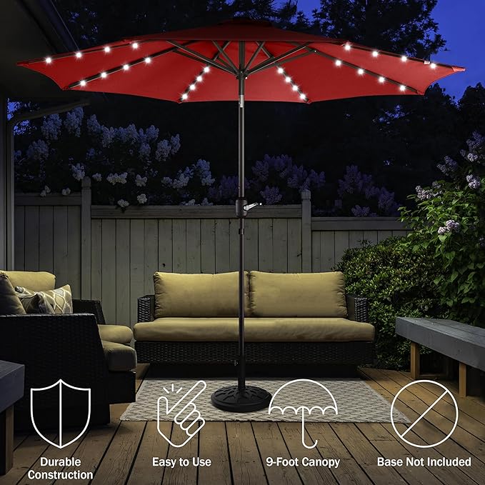 Pure Garden Patio Umbrella with Solar Lights - 9 Ft Outdoor Umbrella Shade with 32 LEDs and Auto Tilt for Deck, Table, Backyard, or Pool by Villacera (Red)