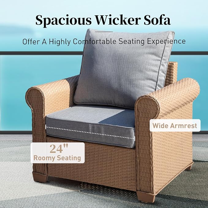 SUNSHINE VALLEY Patio Furniture Set, Wicker Outdoor Furniture Set with 5.5" Thick Cushions, 2 Chairs, 2 Ottomans and Fire Pit Table, 6 Pieces Patio Conversation Set for Backyard Deck, Grey