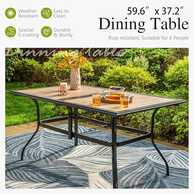Sophia & William Patio Dining Set Metal Outdoor Table and Chairs Furniture Set 7 Piece, Large 60" Imitation Wood Dining Table with Umbrella Hole and 6 Stackable Outdoor Chairs Support 300LBS