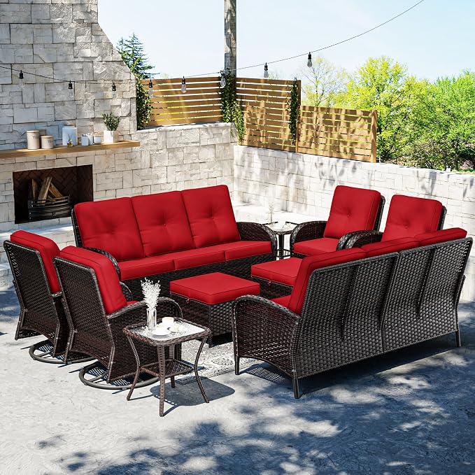 Joyside Wicker Patio Furniture Set, 10 Piece Outdoor Furniture Set with Thickened Cushions, High Back, Deep Seating, Wide Armrest, Outdoor Swivel Rocker Chairs for Porch, Deck