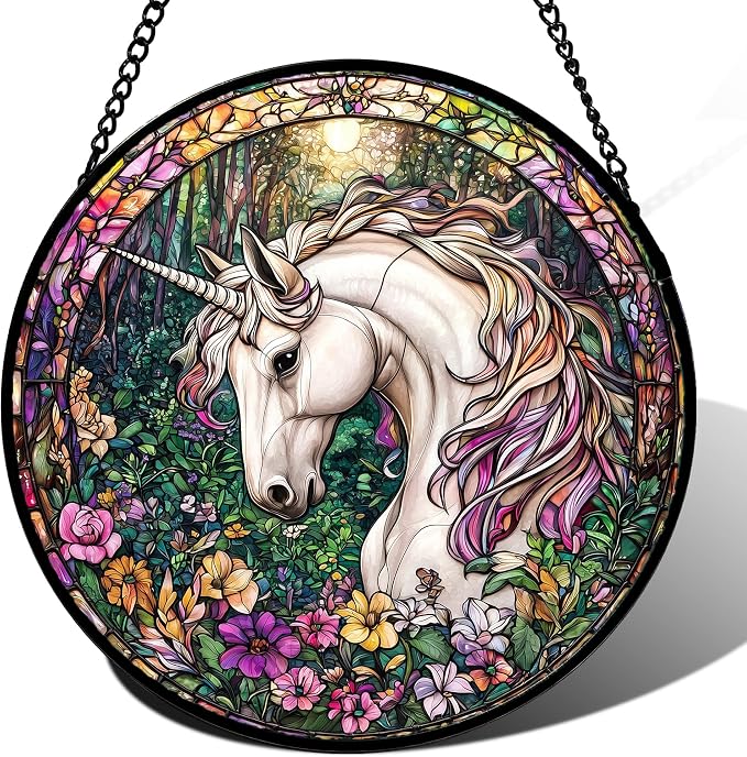 DASTOLL Stained Glass Window Hanging, Unicorn Flowers Suncatcher for Doors Home Sun Catchers Decoration and Christmas, Mother's Day Birthday Gifts for Women, Men, and Mom 14.9x14.9 in