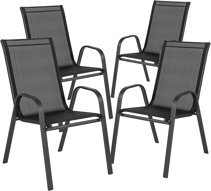 Flash Furniture Brazos Series 5-Piece Glass Patio Table and Chairs Set, Outdoor Patio Dining Set with Square Table and 4 Sling Patio Chairs, Black