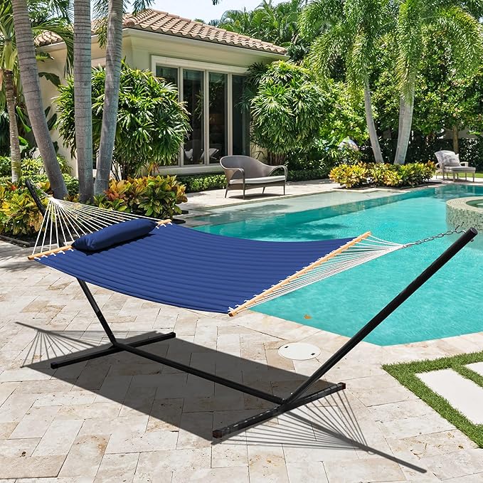 Lazy Daze Hammocks Double Quilted Hammock with Stand for Outside, 15 FT Heavy Duty Steel Stand, 2 Person Hammock for Porch Patio Garden Backyard, Max 450 lbs Capacity, Blue