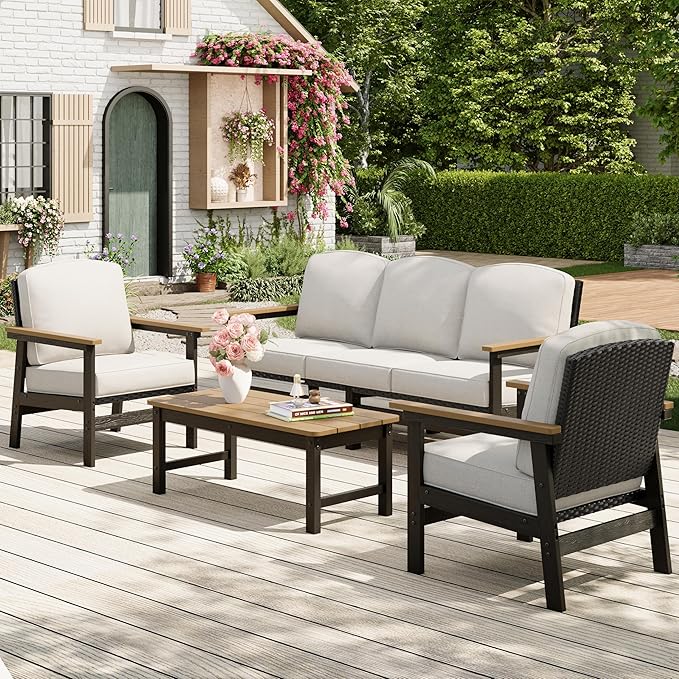4-Piece HDPE Outdoor Patio Conversation Set, All-Weather Wicker Patio Furniture Set, Waterproof & UV-Resistant, Thick Cushions for Backyard, Deck, Garden, Porch, Balcony - Beige