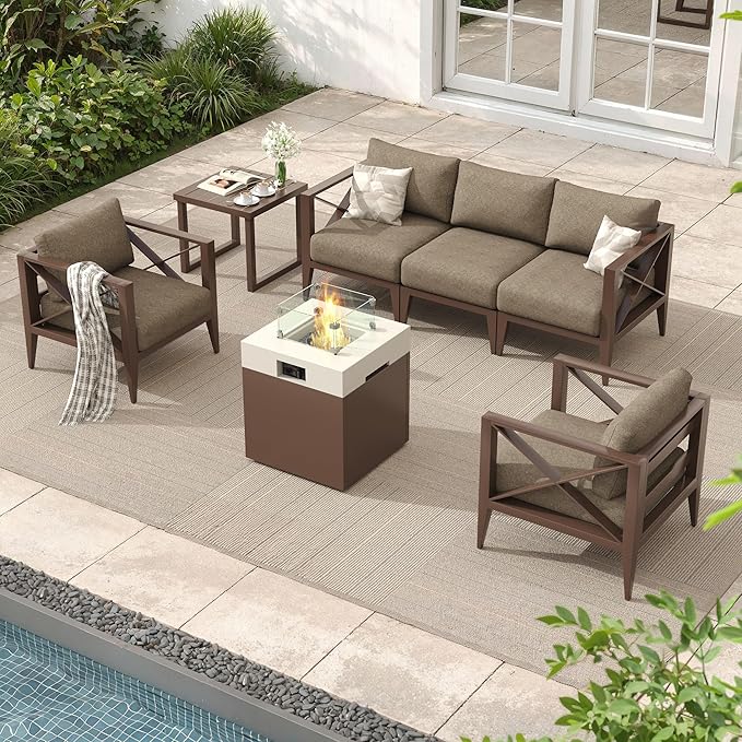 Aluminum Patio Furniture Set, 7-Piece Oversized Outdoor Conversation Set with Fire Pit Table & Coffee Table, All Weather Modern Brown Sofa for Deck, Garden, Poolside