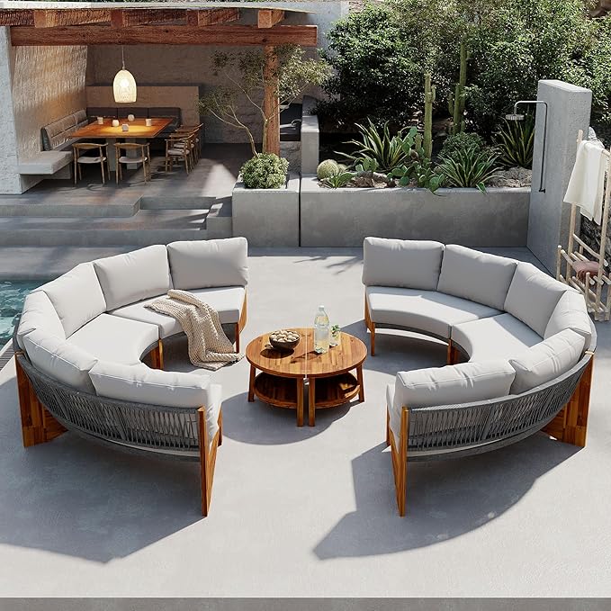 3-Piece Outdoor Patio Furniture Sectional Sofa Set, 2 Semi-Circle Sofas with Coffee Table, All-Weather Acacia Wood Conversation Set with Cushions for Garden Backyard Balcony, Freely Combined