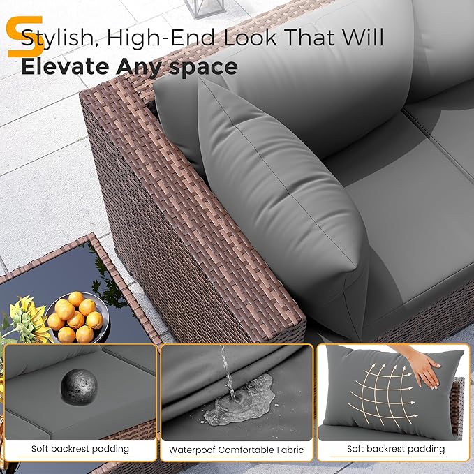 UDPATIO Furniture Set with Fire Pit Table, 8 Piece Sectional Sofas, All-Weather Wicker Conversation for Garden, Backyard, Dark Grey