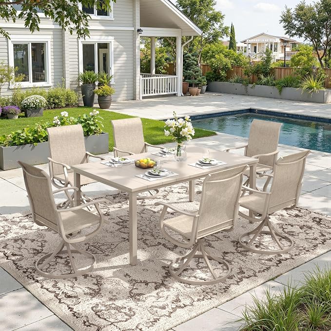 DIFY Outdoor Dining Set for 6, 7 Piece Patio Table and Chairs Set, Swivel Patio Chairs with Textilene Fabric & 63" Rectangle Metal Dining Table with Umbrella Hole, for Garden Backyard Deck, Sandshell