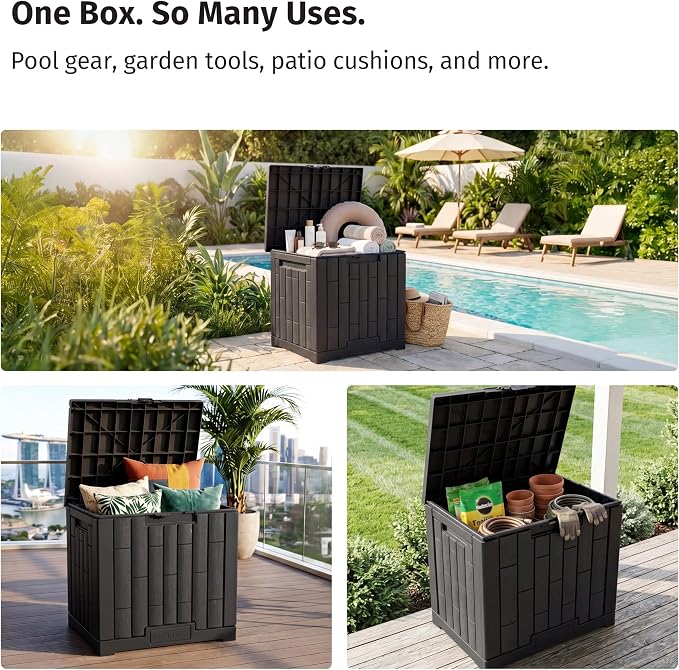 EAST OAK 31 Gallon Outdoor Storage Box, Waterproof Deck UV-Resistant Resin Bin for Patio Cushions, Garden Tools, Pool Accessories & Package, Lockable Wind-Resistant Lid, Steel-Reinforced, Black