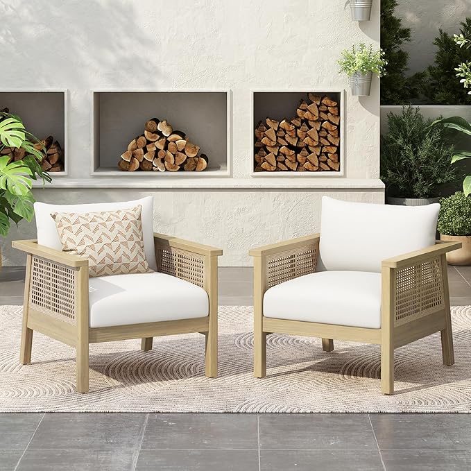 Merax Outdoor Acacia Wood Chair Set of 2 PE Wicker Club Chair Dining Chair with Waterproof Detachable Cushion, Light Teak Finish & Cream Cushion