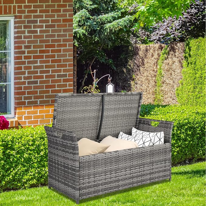 33 Gallon Outdoor Wicker Storage Bench with Cushion,Footstool Locker,Rattan Deck Storage Box with Handles & Hydraulics for Patio Furniture,Cushions,Garden Tools,Pool & Sports Equipment