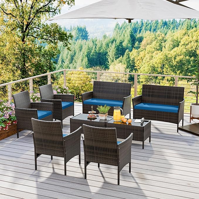 HAPPYGRILL 8 Pieces Outdoor Rattan Conversation Set, Patio Wicker Furniture Set with Loveseat Chairs & Tempered Glass Coffee Table, Outside Sectional Sofa Set for Backyard Garden Poolside, Blue