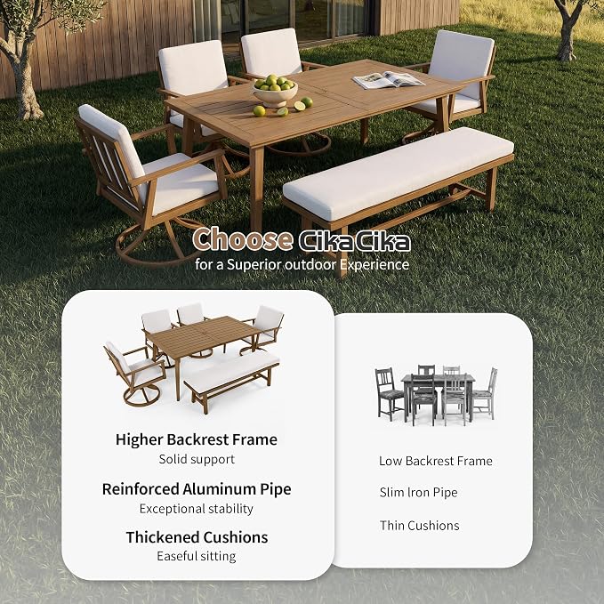 6-Piece Outdoor Table Set with Swivel Chairs & Bench, 6-Person Outdoor Rectangular Dining Table with Umbrella Hole, Faux Wood Grain Patio Table Set with Chairs for Garden Backyard Proch, Teak