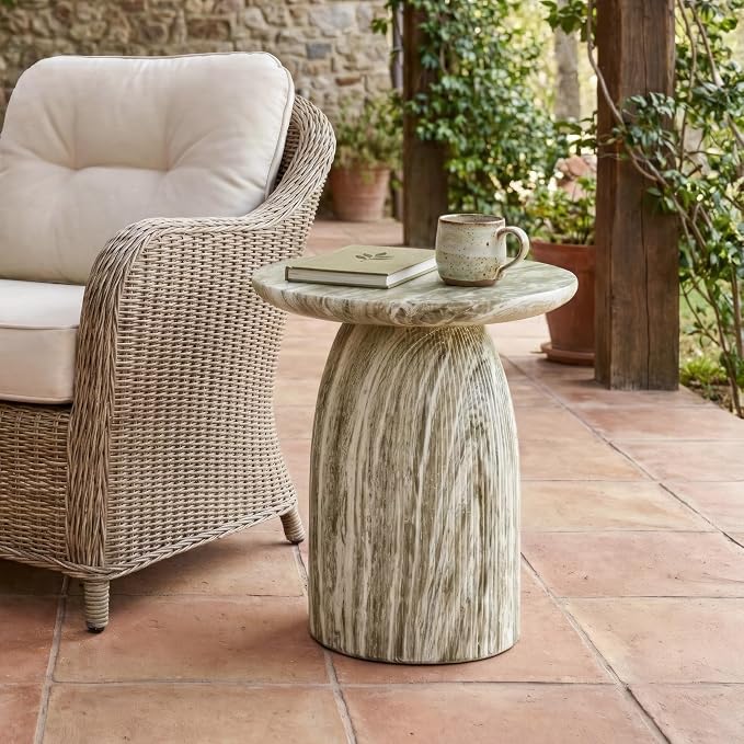 24/7 Shop at Home Ranera Modern 17-inch Natural Stone Side Table with Round Pedestal Base, Marble Nightstand, Fluted Patio End Table, for Living Room, Covered Outdoor Spaces, Balcony, Gray Travertine