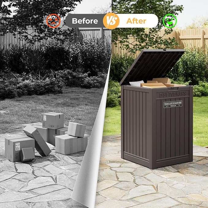 Package Delivery Box for Outside With Sign, Lockable Outdoor Storage Box Waterproof Deck Box, Large Double Wall Resin Parcel Drop Boxes, 48 Gallon, Brown