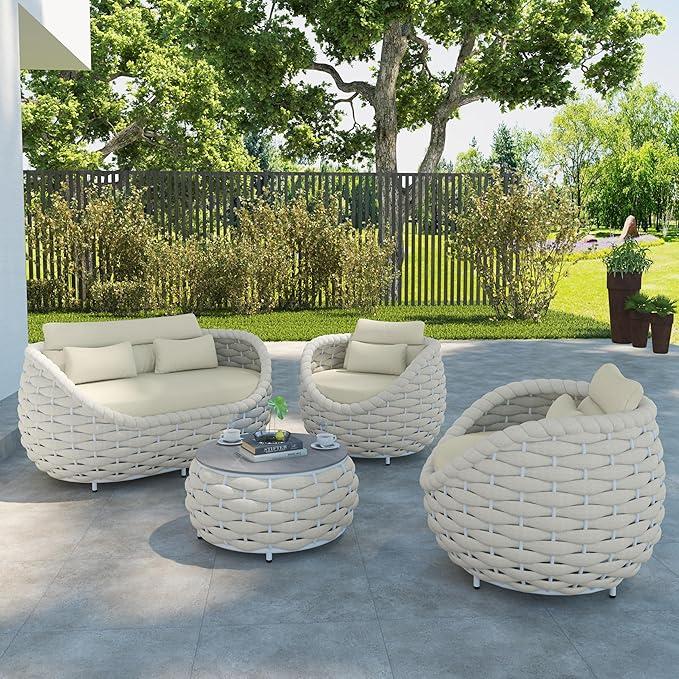 TWT 5-Piece Aluminum Patio Furniture Set, Olefin Rope Modern Outdoor Conversation Set Sectional Sofa with Water Repellent Thick Cushions and Coffee Table for Balcony, Garden, Beige