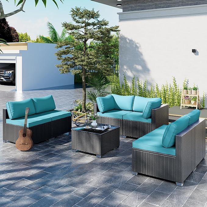 7-Piece Outdoor Patio Sectional Sofa Set – PE Wicker Rattan Conversation Furniture with Coffee Table, Cushions & Clips, Modular Patio Couch for Porch, Poolside, Backyard, Garden – Black Rattan