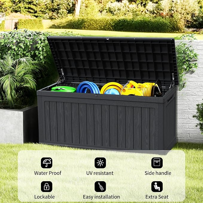 320 Gallon Waterproof Outdoor Storage Box, Lockable Patio Deck Boxes With Handle, Indoor and outdoor Resin Storage Box for Garden Tools, Patio Cushions, Package Delivery, Black