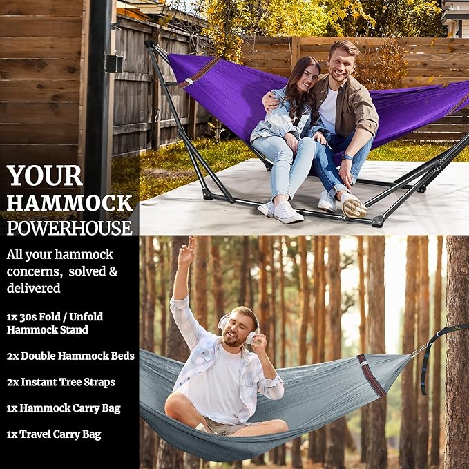 Tranquillo Combo x2 Hammocks with Stand for Outside & Tree Straps, Heavy Duty Hammock with Stand 600lbs for Indoor Outdoor Patio Backyard, x2 Hammocks for 2 Person (Combo - Purple, Medium)