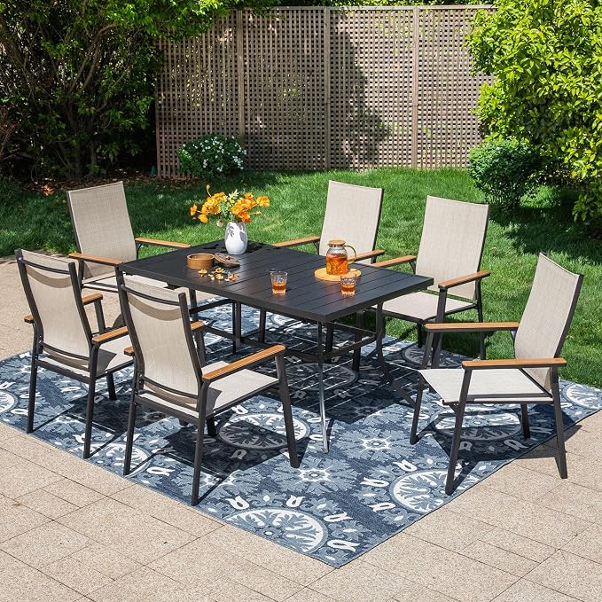 PHI VILLA 7 PCS Outdoor Dining Set, Patio Metal Furniture Set with 59"x35.4" Dining Table & 6 Stackable Aluminum Textilene Chairs, Patio Table and Chairs for Deck Garden Poolside, Beige