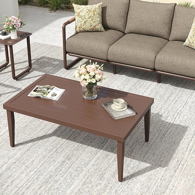 Aluminum Outdoor Patio Furniture Set, 4-Piece Conversation Sofa Set with Coffee Table, Thick Cushions & All-Weather Aluminum Frame, Modern Garden Seating for Backyard, Poolside, or Porch – Brown