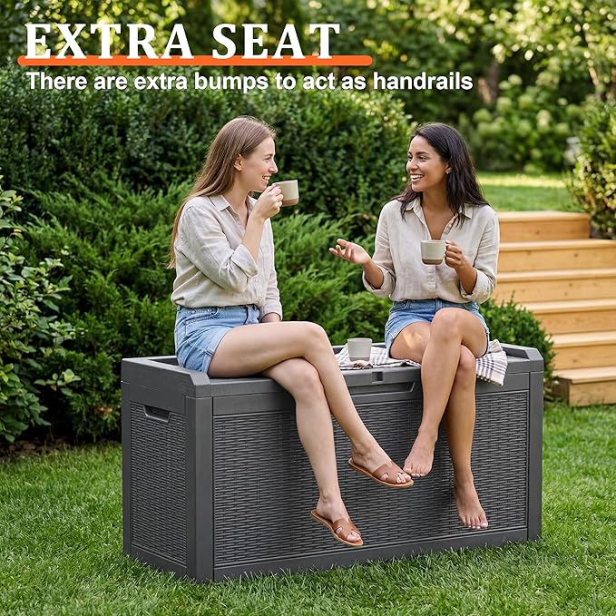 EasyUp 70 Gallon Deck Boxes Outdoor Waterproof, Resin Outside Storage Box for Patio Cushion Furniture Pool Accessories Garden Tools Indoor Outdoor Storage Bench (70 Gallon, Black)