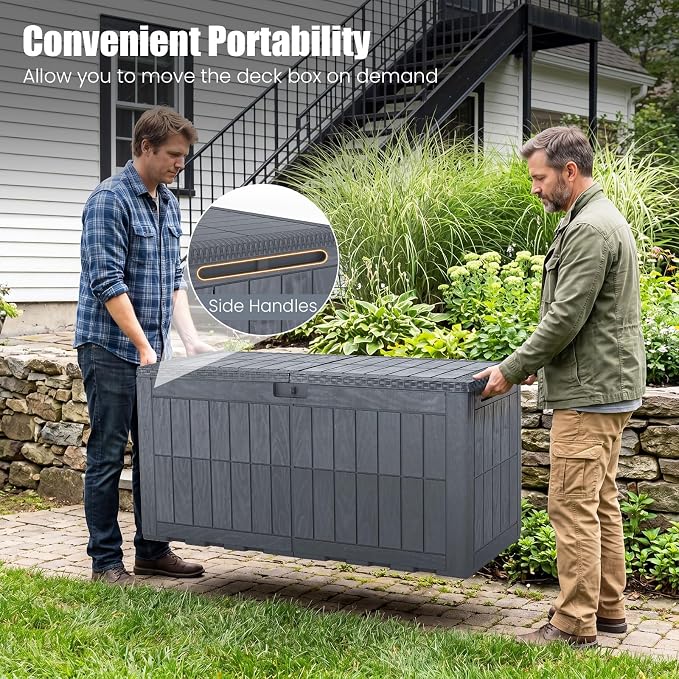 HAPPYGRILL 100 Gal Outdoor Deck Box, Lockable Storage Bin with Lid and Handles, Waterproof and Sun-Protective Patio Bench and Storage Box for Garden Tools Pool Supplies (Gray, 100Gallon)