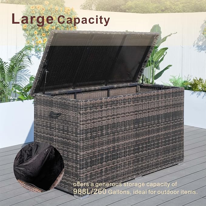 160 Gallon Wicker Deck Box Waterproof Outdoor Storage with Aluminum Frame, Brown Patio Furniture Storage for Cushions, Pillows & Garden Accessories, 66.93