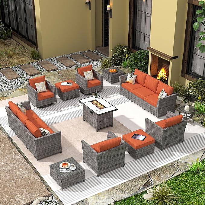 16 Pieces Patio Furniture Conversation Set with 42" Fire Pit Table Rocking Chair Outdoor Sectional Gray Wicker Sofa Set