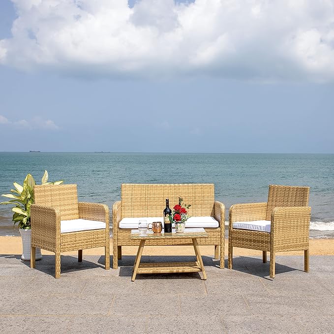 SAFAVIEH Outdoor Collection Aboka Natural/White Cushion 4-Piece Conversation Patio Set PAT7505D