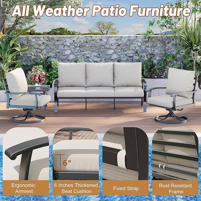 HOMREST Patio Furniture Sets 4 PCS Outdoor Metal Conversation Sets, 360 Degree Swivel Rocking Chairs Patio Conversation Set with Coffee Table and 3-Seat Sofa for Garden, Deck and Poolside