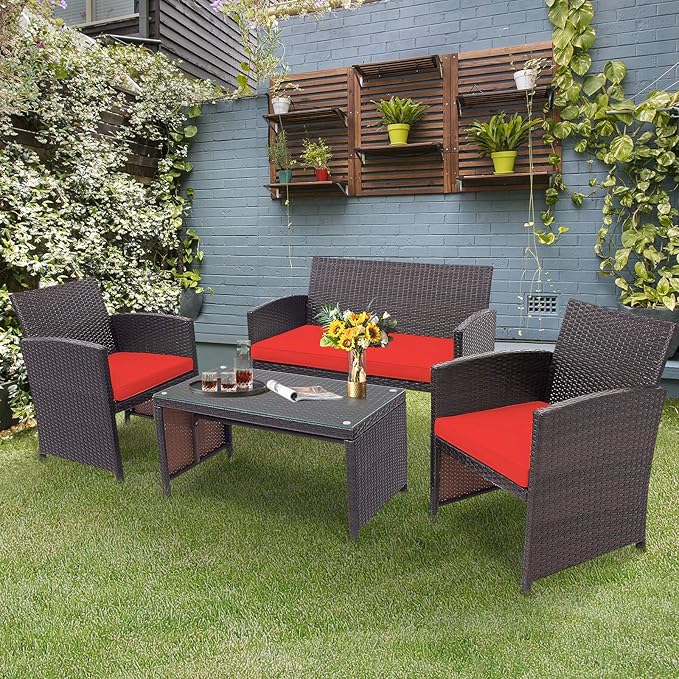 HAPPYGRILL Set of 4 Rattan Conversation Set Outdoor Wicker Furniture Set with Tempered Glass Coffee Table, Soft Cushions, Weather-Resistant Rattan Chair Set for Garden Backyard Poolside
