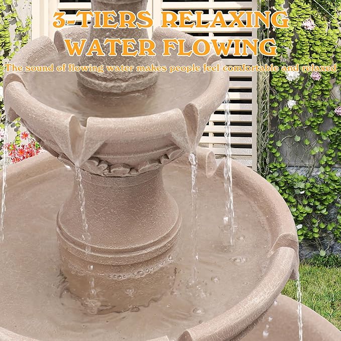 48.4" H 3-Tiers Italian Freestanding Water Fountain Classic Leaf Design, Roman Pillar Indoor Outdoor Floor Cascading Waterfall with Pump and Pineapple Top for Yard Patio Lawn Home Decor (Tan)