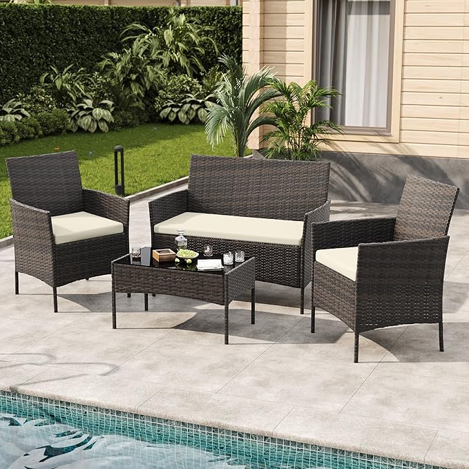 4-Piece Outdoor Furniture Set, PE Rattan Wicker Chairs with Soft Cushions & Tempered Glass Coffee Table - All-Weather Patio Set for Garden, Backyard, Porch, Poolside (Brown/Beige)