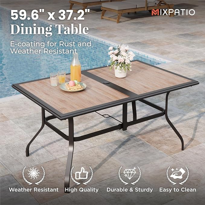 MIXPATIO 7 Pieces Patio Table and Chairs Set, Outdoor Dining Furniture Set for 6, 6 Brown Textilene Chairs and 61" Wood-Like Table Top with Umbrella Hole, for Deck Backyard Lawn