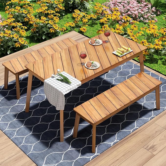 Acacia Wood Dining Table Set with 2 Benches, 3 Piece Kitchen Table Set for 4, Outdoor Indoor Dining Table for Small Space, Picnic Beer Table with Adjustable Foot Pads, Acacia Wood Color