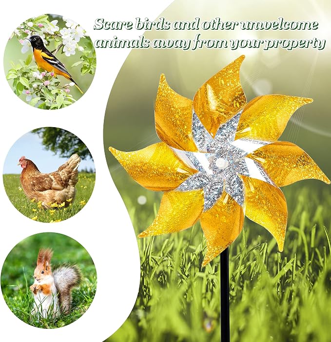 Hausse 10 Pack Reflective Pinwheels with Stakes (Assembly Required), Extra Sparkly Pin Wheel for Garden Decor, Bird Repellent Devices Deterrent to Scare Birds Away from Yard Patio Farm, Golden