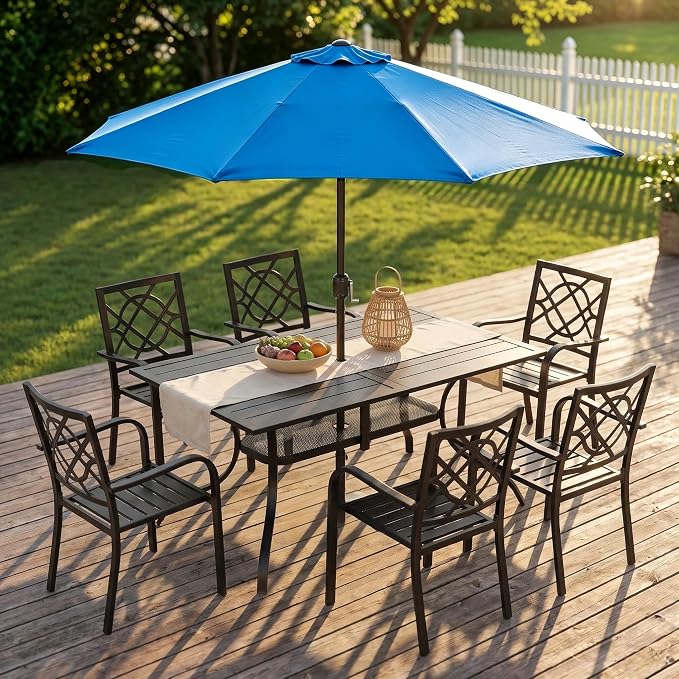 Crownland 7 PCS Furniture Patio Dining Set, 6 Stackable Metal Chairs and Rectangular Outdoor Dining Table with Sky Blue 9FT Round Outdoor Umbrella (Metal Tabletop)
