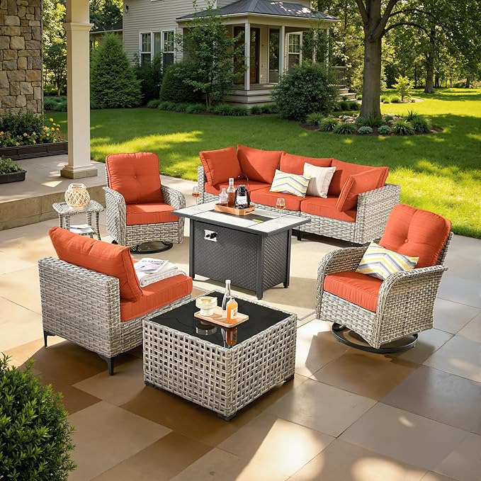 9 Pcs Patio Furniture with Fire Pit Table, Outdoor Rattan Wicker Conversation Set with Glowing Coffee Table, Comfy Sectional Sofa for Porch Balcony Backyard Pool, Orange
