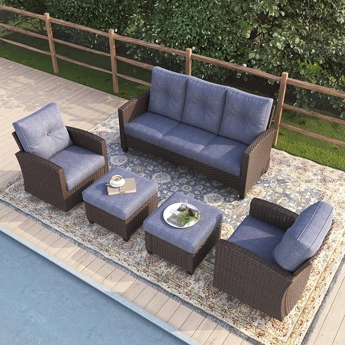 5 Pieces Patio Furniture Swivel Chairs Set, Outdoor Wicker Glider Rocking Chairs with Sofa Set