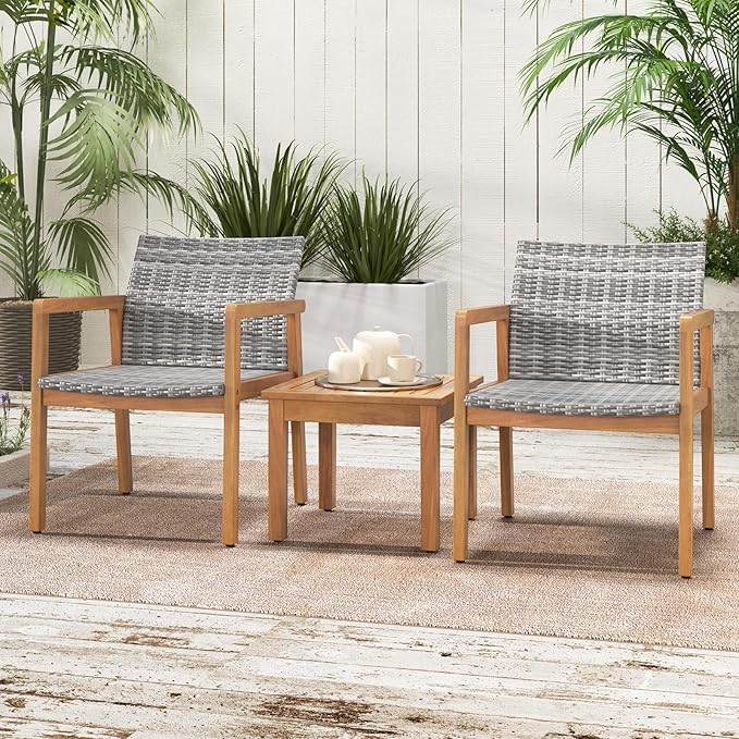 Tangkula 3 Pieces Outdoor Furniture Set, Acacia Wood Frame Sofa Set w/Rattan Seat & Back, Patio Conversation Set w/Coffee Table for Balcony, Poolside, Backyard (Mix Gray)