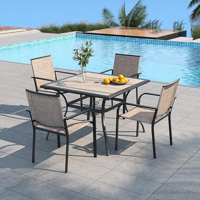 Anmutig Patio Stackable Chairs and 37" PVC Square Table Set fit 4 Person - Beige Grey