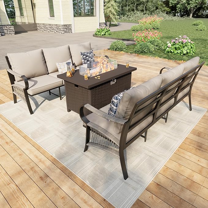3 Pieces Patio Furniture Set, Metal Outdoor Conversation Sets with Fire Pit Table for Backyard Garden Deck Porch Poolside (Thick Beige Cushions)