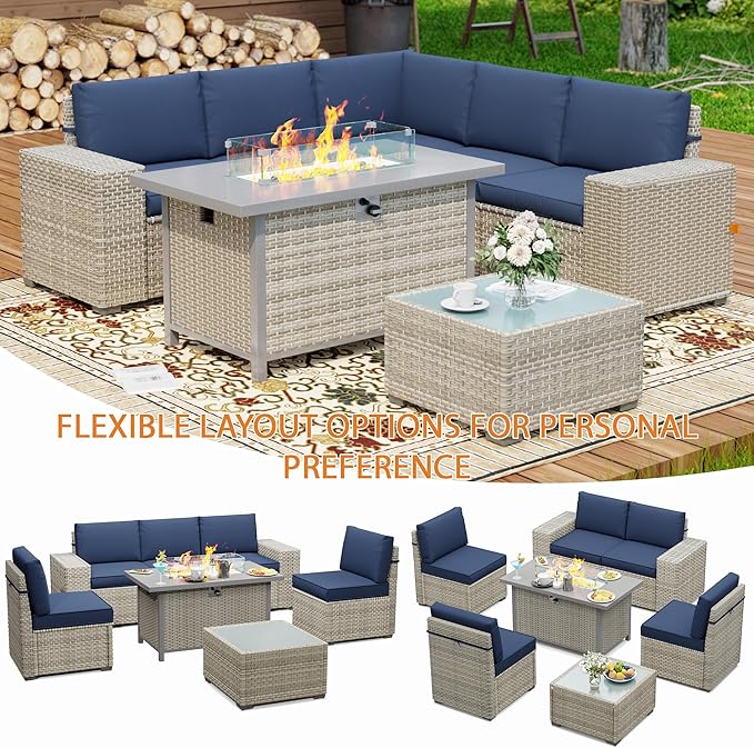 7 Piece Patio Furniture Set, 8" Wide Arm Sectional Sofa Set with 50000 BTU Propane Fire Pit Table & Coffee Table, Rattan Outdoor Conversation Set for Garden, Porch, Lawn, Blue