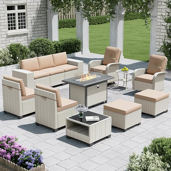 12-Piece Outdoor Patio Furniture Set with Fire Pit, Modular Sectional Sofa Set with Swivel Rocker Chairs & Ottomans, Wicker Outdoor Couch Conversation Sets w/Coffee Table and Cushions, Khaki