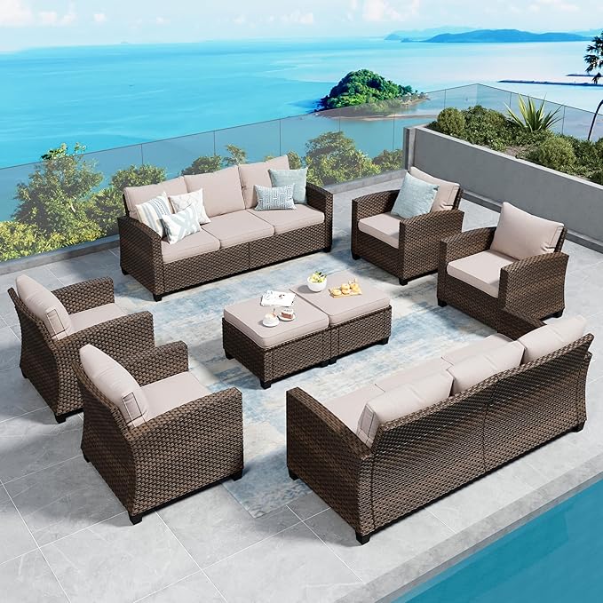 Patio Furniture Set Outdoor Furniture Brown Wicker Rattan Patio Conversation Sets with Cushion Outside Sofa Set,8 Pieces 12 Seats,Beige