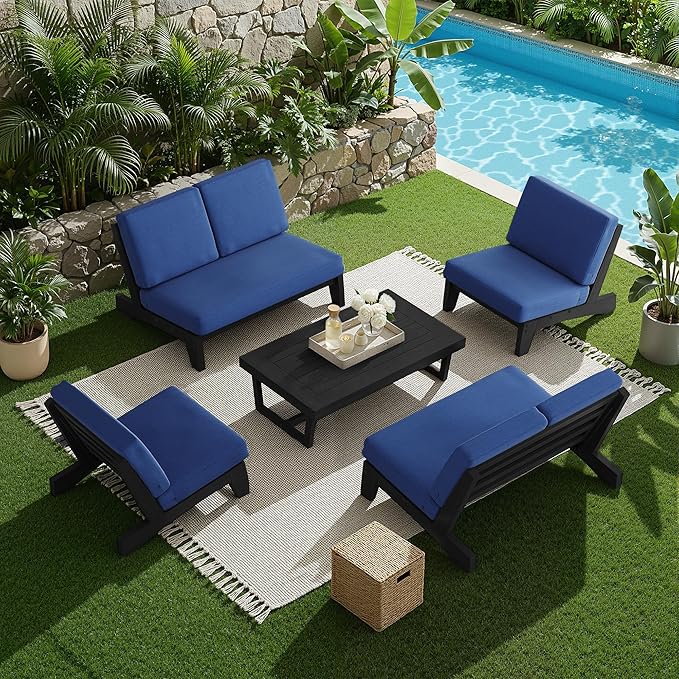 UIXE 6 Pieces All Weather Black Wood Patio Furniture Sets, 2 Patio Loveseat, 2 Patio Bistro Chair, Outdoor Sectional Sofa Furniture Backyard Conversation Set with Coffee Table - Navy
