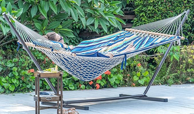 Lazy Daze Hammocks 2 Person Pad with Pillow, Double Polyester Quilted 78" x55" Replacement Hammock Pad for Rope Hammock, Blue Stripes