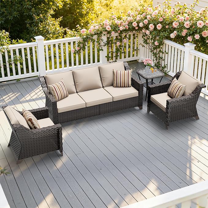 4 Pieces Patio Conversation Furniture Set - 1 Sofa, 2 Armchairs, 1 Side Table, Outdoor Wicker Furniture with Removable Cushions for Porch, Balcony, Sunroom (Beige)